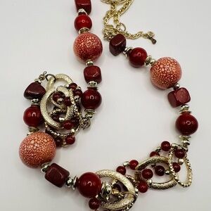 Vintage Red Beaded Necklace Gold Tone Link Statement Chunky